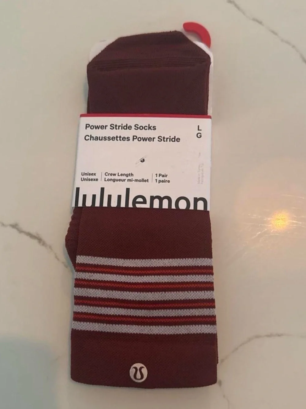 lululemon athletica Power Stride Crew Socks - Burgundy/Red Stripe LARGE